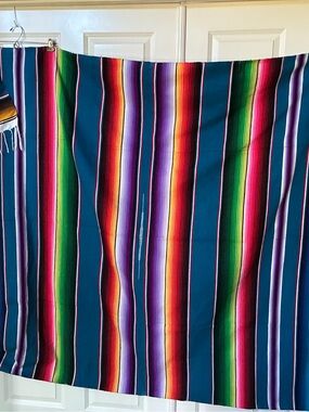 Vibrant Teal Mexican Serape Blanket with Rainbow Stripes